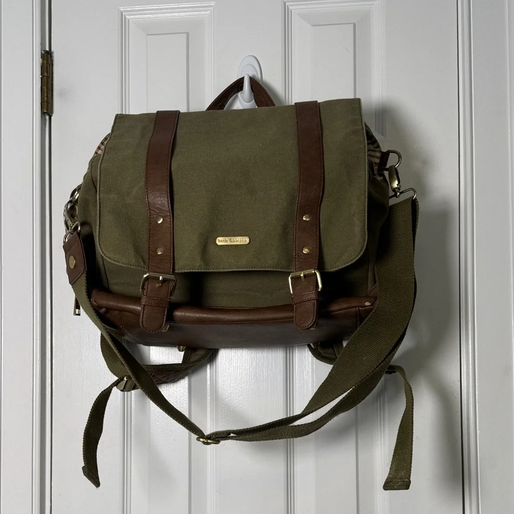 Little Unicorn Olive Canvas Leather Backpack Diaper Bag Waterproof Lining